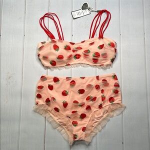 Retro Stage Strawberry Print Bikini Set XL Pinup Mesh Tulle Glitter High Waist
